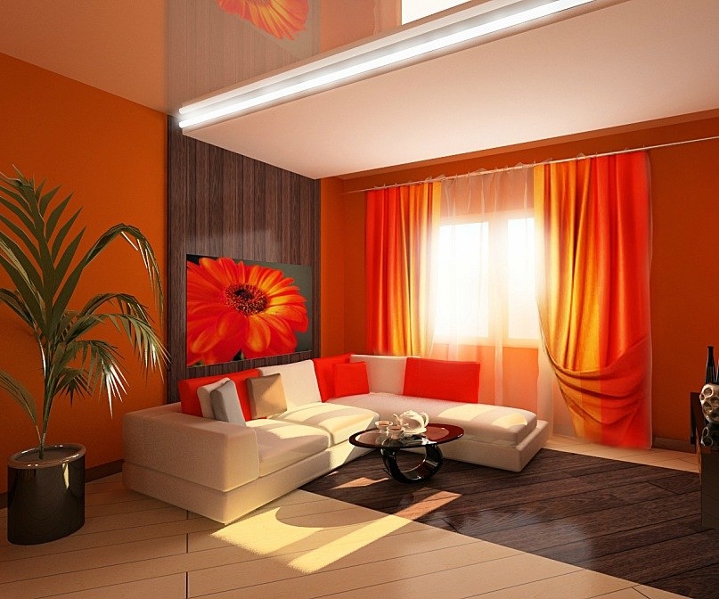 Оранжевые стены в гостиной 